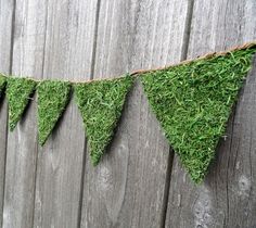 some grass is hanging on the side of a wooden fence and it looks like pennants