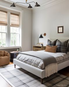 a bed sitting in a bedroom next to a window with two lamps on top of it