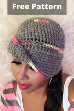 a woman wearing a crochet hat with text overlay that says free pattern