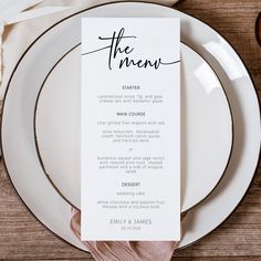 the menu card is sitting on top of a white plate with pink napkins next to it