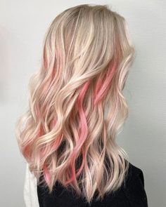 Colored Lowlights In Blonde Hair, Peekaboo Pink In Blonde Hair, Rose Gold Peekaboo Highlights Blonde, Peekaboo Hair Color With Blonde, Blonde With Pink Peekaboo Highlights, Blonde Hair With Peak A Boo Pink, Highlights With Color In Between, Hair Dyed Blonde Highlights, Peekaboo Hair Color Pink Blonde