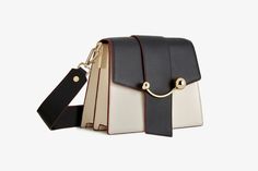 Box Crescent - Black/Vanilla with Claret Edge Shopping Spree, Square Shape, Leather Belt, Gold Chain, Crescent