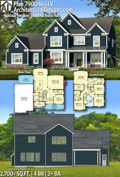 two story house plans with three car garages and an open floor plan for the front