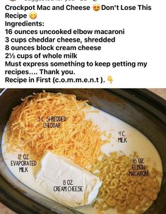 the ingredients for crockpot macaroni and cheese are shown in an image