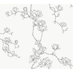 a black and white drawing of flowers on a branch with buds in the foreground