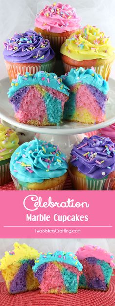 cupcakes with colorful frosting and sprinkles are on a plate