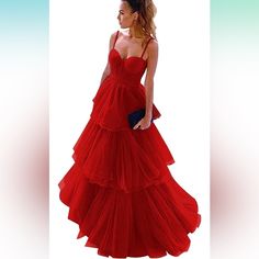 Tulled, Red Prom Dress With Sash. Brand New, Only Tried On. Corset Top With Layered, Tulle Skirt And Adjustable Straps. Red Corset Prom Dress, Colorful Dresses Formal, Dress Layer, Red Corset, Layered Tulle Skirt, Corset Dress Prom, Red Prom, Red Prom Dress, Corset Top