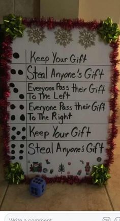 a sign that says, keep your gift steal anyone's gift everyone pass their gift to the left