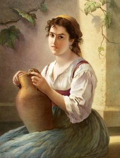 a painting of a woman holding a vase