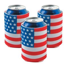 three red, white and blue can coolers with the american flag on them