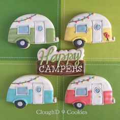 three decorated cookies with the words happy campers on them