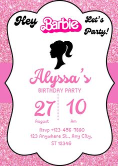 a pink and white birthday party card with a silhouette of a woman