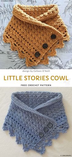 two crocheted scarves with buttons on them and the title, little stories cowl