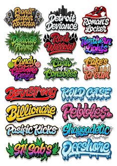 various stickers that are all different colors and sizes, including the word's name