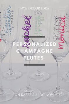 five wine glasses with the words personalized champagne flutes written on them in different colors