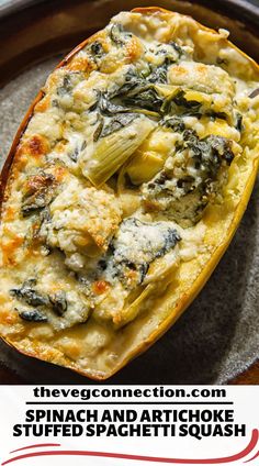 an egg dish with spinach and artichoke stuffed spaghetti squash