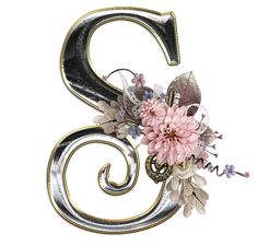 the number three is made up of metal and has pink flowers on it, along with leaves