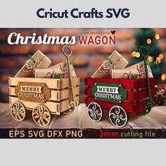 two wooden christmas wagons with presents on them and the words merry christmas svg