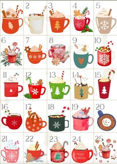 a calendar with different types of mugs and christmas decorations on it's sides