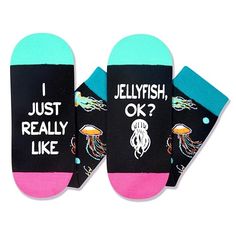 Jellyfish SocksThese black socks feature vibrant prints of lively jellyfishes, while the bottom features a message written in non-slip ink:I JUST REALLY LIKE JELLYFISH, OK?"Size & PackageOur unisex design fits most men's US size 6-13 feet and most women's US size 7 and up. Each pair of funny animal socks comes in a plastic zippered bag.Quality MaterialOur novelty socks are made of 80% Cotton, 15% Polyamide and 5% Elastane to ensure they are soft, comfortable, stretchy and breathable.Jellyfish Gi Fun Black Socks As Gift, Animal Socks, Ocean Gifts, Zippered Bag, Sock Animals, Socks For Women, Black Socks, Novelty Socks, Sock Gifts