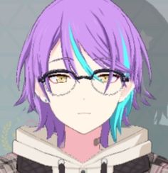 an anime character with purple hair and glasses looking at the camera while wearing eyeglasses