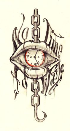 a drawing of a clock with an eye on it