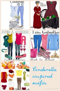 there are many different types of clothes and shoes on this page with the words cinderella inspired outfits