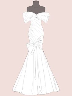 a drawing of a wedding dress on a mannequin headdress with a bow at the waist