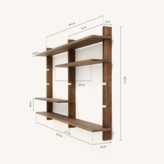 a wooden shelf with three shelves on each side and measurements for the top one is shown