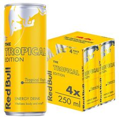 two cans of tropical energy drink next to each other