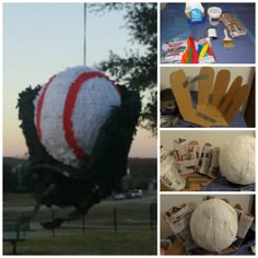 there are several pictures of different things made out of paper machs and yarn balls