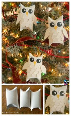 an owl made out of toilet paper sitting on top of a christmas tree next to three pictures