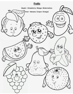 fruits and vegetables coloring pages for kids to print out, including apples, pears, grapes