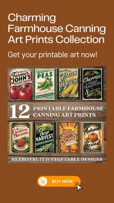 Bring vintage charm into your kitchen with this set of 12 printable farmhouse canning art prints! Inspired by 1950s fruit and vegetable designs, these prints are perfect for adding a retro vibe to your space. Simply download, print, and enjoy a beautiful farmhouse aesthetic in your home! Canning Jar Labels, Pantry Decor, Retro Fruit, Vegetable Design, Canning Labels, Jar Art, Canning Jar, Decor Buy, Jar Labels