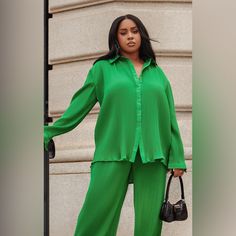 Plt Set- Can Not Be Separated Bright Green. Never Worn But Tags Have Been Removed Send Offers No Low Balls Pants Have Lot Of Stretch On Waist Plt Set, Plisse Set, Top 4, Bright Green, Tags, Pants, Green, Women Shopping, Quick Saves