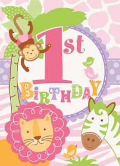 the first birthday card has animals, zebras and giraffes