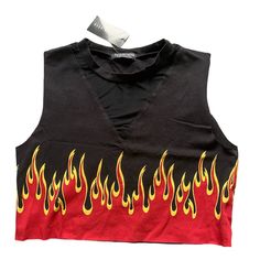 Nwt Fashion Nova Flame Crop Top Size Xs Could Also Fit A Size Small Trendy Red Tank Top For Streetwear, Edgy Red Crop Top For Summer, Black Flame Print Top For Streetwear, Red Tank Top For Streetwear, Black Cotton V-neck Tank Top, Casual Black V-neck Tank Top, Edgy Red Summer Top, Edgy Red Summer Tops, Casual Black Tops With Flame Print