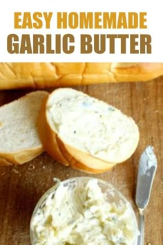 homemade garlic butter in a bowl next to two slices of bread