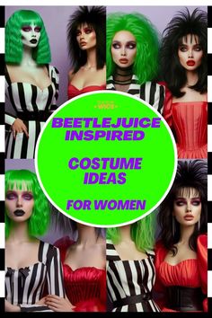 several mannequins with green hair and black and white stripes on the background