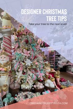 a christmas tree with pink and gold ornaments on it, surrounded by other holiday decorations