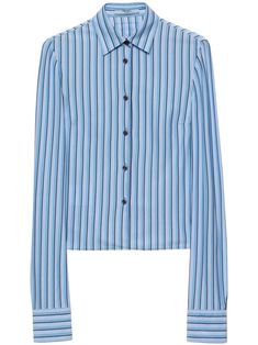 blue cotton vertical stripe pattern cutaway collar front button fastening long sleeves buttoned cuffs straight hem Blue Long Sleeve Shirt With Contrast Stripes, Blue Collared Shirt With Vertical Stripes, Chic Blue Business Tops, Blue Vertical Striped Shirt For Work, Blue Vertical Stripe Shirt For Work, Blue Vertical Stripes Button-up Shirt, Blue Striped Shirt For Work, Blue Horizontal Stripe Long Sleeve Top, Blue Striped Cuffs Shirt For Workwear