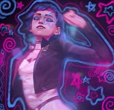 a drawing of a woman with blue hair and makeup on her face, in front of a neon background