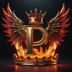 the letter p with fire wings and a crown on it's head in front of a black background