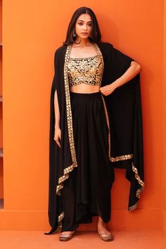 Shop for Kesar Studio Black Georgette Shisha Embroidered Border Cape Skirt Set for Women Online at Aza Fashions Cape Skirt, Embroidery Mirror Work, Embroidery Mirror, Georgette Skirt, Indian Skirt, Mirror Work Blouse, Mirror Embroidery, Indo Western Dress, Black Cape