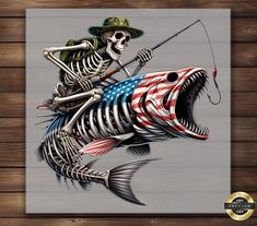 a skeleton fishing with an american flag fish on it's back and holding a fishing rod