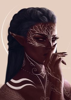 Forest Dragon Aesthetic, Drow Elf Makeup, Vallaslin Dragon Age, Black Elf Aesthetic, Elf Dragon Age, Grey And Brown Hair, Dark Skinned Elf, Elves Drawing, Dark Elf Aesthetic