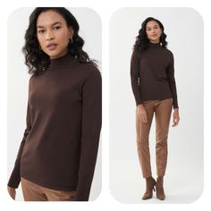 This Joseph Ribkoff Sweater Top Is Designed In A Solid Color Soft Knit Fabric With A Neatly Arranged Row Of Studs Lined At The Shoulder And Sleeve Cuff. It Also Features A Mock Neckline, Long Sleeves, And A Hem That Hits The Hip. Approximate Measurements: Shoulder To Hemline 24"; Bust 19"; Sleeves 23". 59% Viscose, 41% Nylon. Hand Or Machine Wash Cold, Hang To Dry, Professional Dry Clean Classic Brown Turtleneck Top, Fitted Brown Turtleneck Outerwear, Brown Turtleneck Top For Work, Black Shrug, Studded Sweater, Mesh Cardigan, Houndstooth Sweater, Long Black Cardigan, Long Knit Sweater