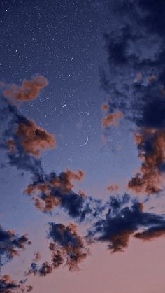 the sky is filled with clouds and stars as the moon shines in the distance