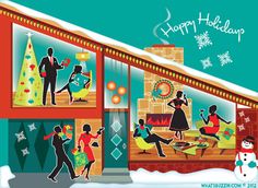 a christmas card with people dancing in front of a house and snowman on the roof