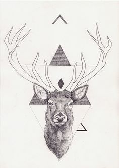 a black and white drawing of a deer's head with triangles in the background